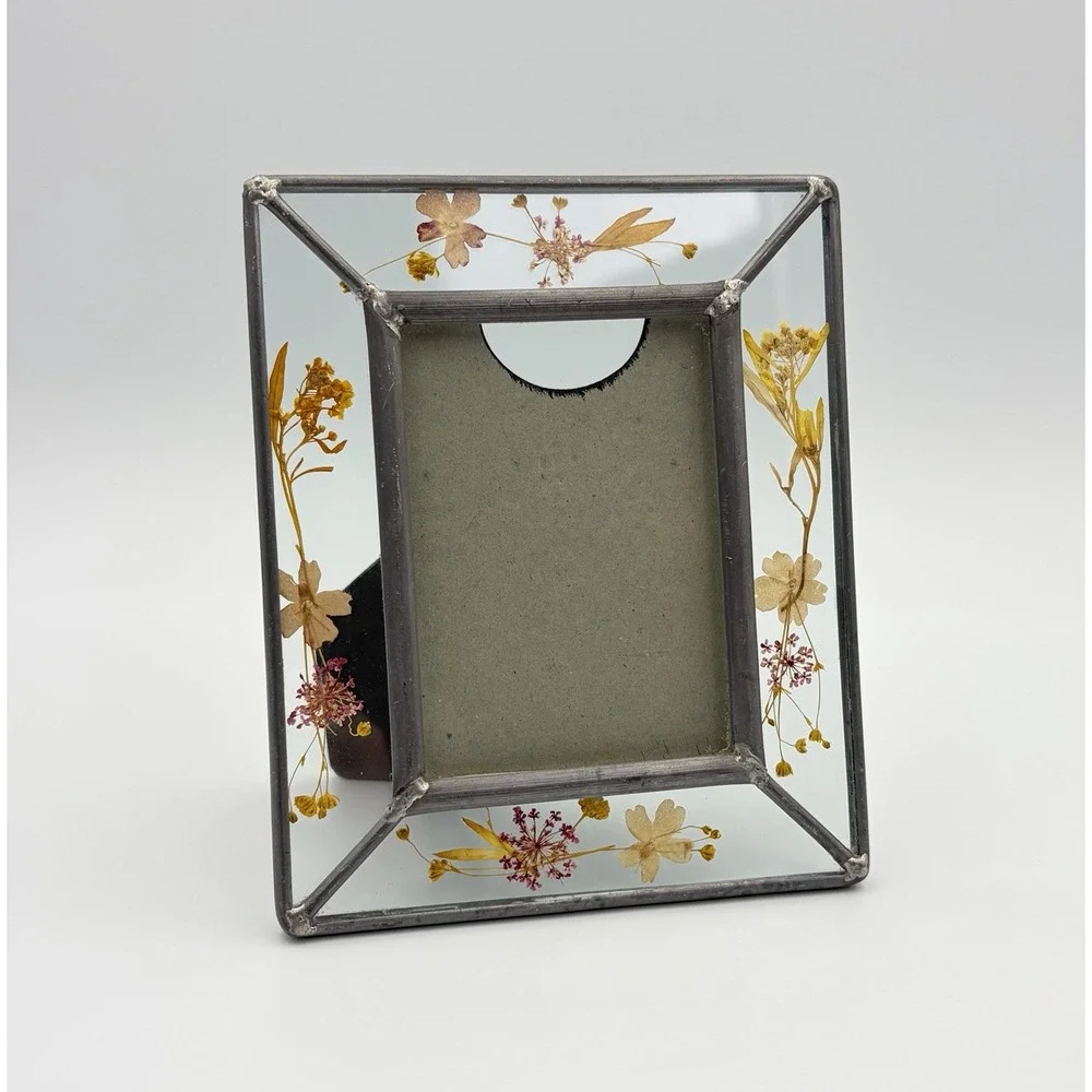 Vtg Stained Glass Picture Frame Real Pressed Flowers Boho Cottage Metal Solder